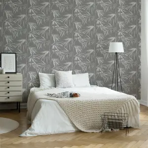 Superfresco Easy Asia Dark grey Leaves Smooth Wallpaper