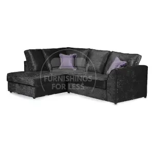 Crystal Crushed Velvet Fabric 3 to 4 Seater L Shaped Corner Sofa Black Left Hand Facing - Full Back