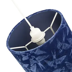 Bird Decorated Navy Midnight Blue Velvet Fabric Lamp Shade with Inner Lining