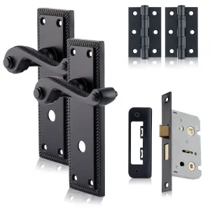 XFORT Matt Black Hanoverian Bathroom Handles Pack With Hinges & Lock