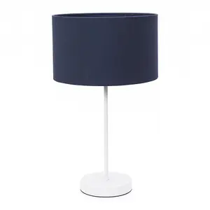 ValueLights Charles White Single Stem Table Lamp with Navy Blue Drum Lamp Shade and LED Bulb