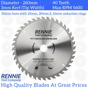 260mm x 40T TCT Circular Wood Saw Blade. Fits Festool Bosch Makita Dewalt Circular Saws Etc