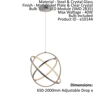 Ceiling Pendant Light Matt Nickel & Clear Crystal 40W LED Bulb Included