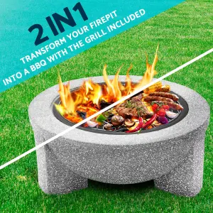 Round MgO Fire Pit with BBQ Grill, 75cm, Safety Mesh Screen - Light Grey - DG190