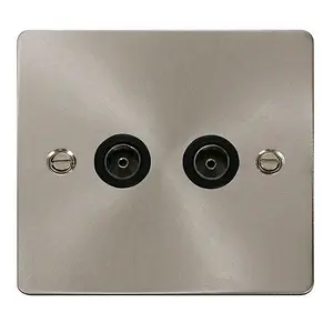 Flat Plate Satin / Brushed Chrome 2 Gang Twin Coaxial TV Socket - Black Trim - SE Home