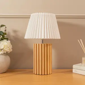 ValueLights Brooke Natural Wood Bedside Table Lamp with a White Pleated Lampshade