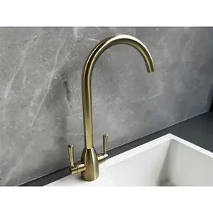 Liquida W05BG Swan Neck Monobloc Twin Lever Brushed Gold Kitchen Mixer Tap