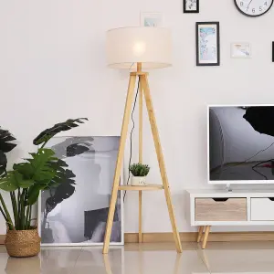 HOMCOM Floor Lamp Bedside Light Free Standing Tripod Holder Storage Shelf Linen