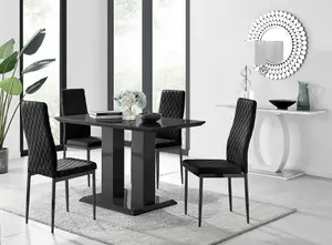 Furniturebox Imperia 4 Modern Black High Gloss Dining Table and 4 Black Velvet Milan Black Leg Chairs