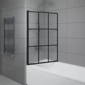 SunDaze 6mm Toughened Safety Glass Black Grid Straight Pivot Shower Bath Screen - 1400x800mm