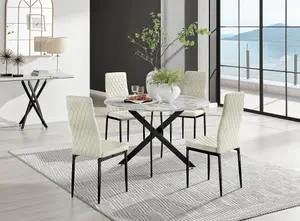 Furniturebox UK Novara White Marble Black Leg 120cm Round Dining Table & 4 Cream Velvet Milan Black Leg Chairs