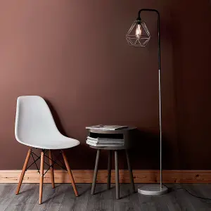 ValueLights Black/Chrome Metal & White Marble Base Floor Lamp With Grey Metal Basket Cage Shade And 4w LED Bulb In Warm White