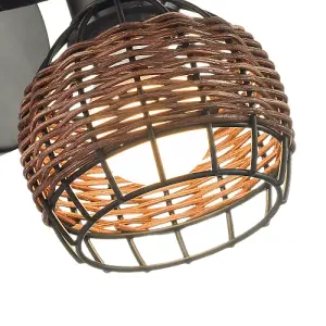 Industrial and Vintage Black Switched Wall Light with Dark Rattan Framed Shade