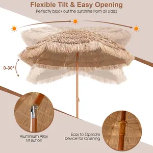 Costway 1.9M Thatched Tiki Patio Umbrella Hawaiian Hula Beach Umbrella Tilt Design