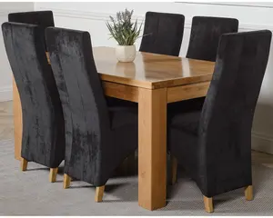 Dakota 152 x 87 cm Chunky Medium Oak Dining Table and 6 Chairs Dining Set with Lola Black Fabric Chairs