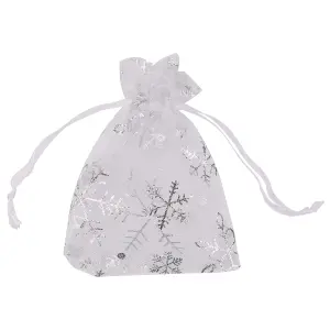 Neel Blue Christmas Gift Bag White Snowflakes Glitter Organza Bag, 7x9cm - Pack of 100