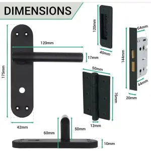 AFIT Black Door Handles Bathroom Kit - 64mm Lock & 76mm Hinges T-Bar Door Handle on Backplate 175x42mm Bathroom Kit Matt Black