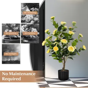 Costway Artificial Camellia Tree Faux Flower Plant Artificial Tree in Cement Pot Greenery Potted Plant Free Maintenance