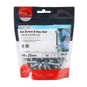 Timco - Set Screws & Hex Nuts - Grade 8.8 - Zinc (Size M6 x 25 - 100 Pieces)