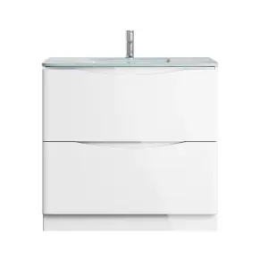 Eden 900mm Floorstanding Vanity Unit in Gloss White & White Glass Basin