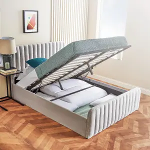 Ottoman Bed Frame Velvet Padded Upholstered Double Storage Bed - No Mattress