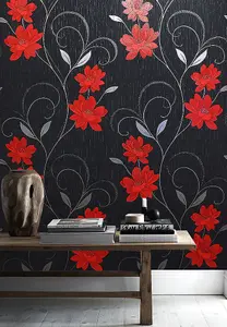 Flower Wallpaper Floral Textured Glitter Effect Metallic Silver Black Grey Red