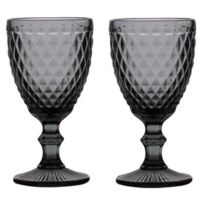 Set of 2 Vintage Luxury Grey Diamond Embossed Drinking Wine Glass Wine Goblets 270ml