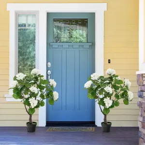 Costway Artificial Hydrangea Tree Fake Floral Plant with 11 White Flowers & Realistic Trunk in Plastic Nursery Pot