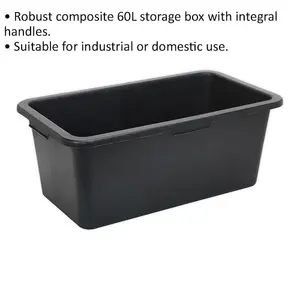 Durable 60L Black Storage Container with Integral Handles for Home and Industrial Use