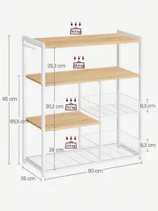 VASAGLE Baker's Rack, Kitchen Island With 2 Metal Mesh Baskets, Shelves And Hooks,  Industrial Style, Oak Beige And White