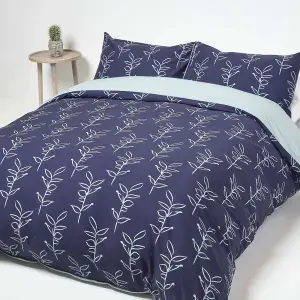 Homescapes Blue Leaf Digitally Printed Cotton Duvet Cover Set, Super King