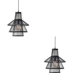 2 PACK Hanging Ceiling Pendant Light - Dark Bamboo & Matt Black - 10W LED E27