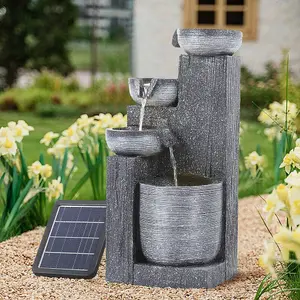 Outdoor Solar Powered 4-Tier Water Fountain Rockery Decor with Warm Light