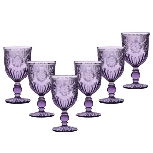 Set of 6 Vintage Luxury Purple Embossed Drinking Wine Glass Wine Goblets 290ml