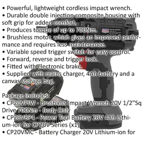 20V Brushless Impact Wrench Kit - 700Nm Torque - Includes 2 Batteries & Charger