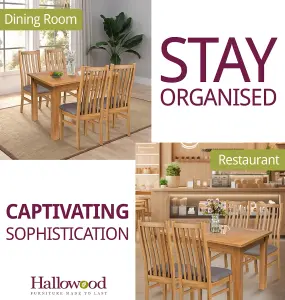 Hallowood Furniture Camberley Oak Butterfly Extending Dining Table with 4 Premium Oak Chairs with Steel Grey Seat Pad