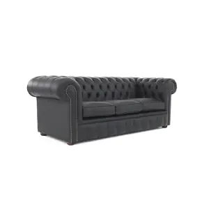 Chesterfield 3 Seater Shelly Black Real Leather Sofa Bespoke In Classic Style