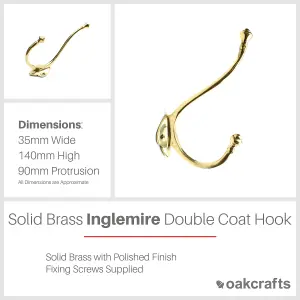 Oakcrafts - Solid Brass Double Inglemire Coat Hook - 140mm