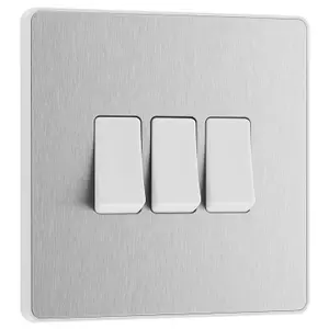 BG Evolve 20A Triple Wall Light Switch, 2 Way, Screwless Brushed Steel