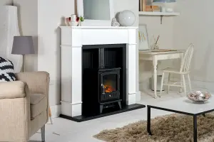 Adam Oxford Stove Fireplace in Pure White with Aviemore Electric Stove in Black, 48 Inch