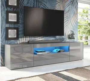 Furneo 200cm Long TV Stand Unit Cabinet Matt & High Gloss Grey Clifton08G Blue LED Ligh