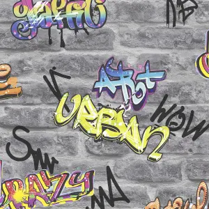 GoodHome Orobe Grey Graffiti brick Smooth Wallpaper Sample