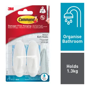 3M Command Designer Medium White Bath Hook (Holds)1.3kg, Pack of 2