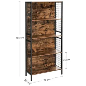 VASAGLE Bookcase, Office Storage Shelf, 4 Tiers for Books, Steel Frame, S-Shaped Hooks, Room, Studio, Rustic Brown and Black