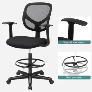 SONGMICS Drafting Stool Chair with Armrest, Mesh Office Chair, Ergonomic Painting Chair with Height Adjustable Footrest, Black