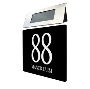 Personalised Aluminium House Plaque with Solar Light Customised with Your House Number and Street Name 160 x 280mm Black