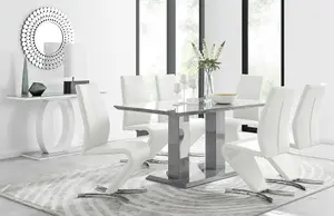 Imperia Grey High Gloss 6 Seater Dining Table with Structural 2 Plinth Column Legs And 6 White Faux Leather Willow Chairs