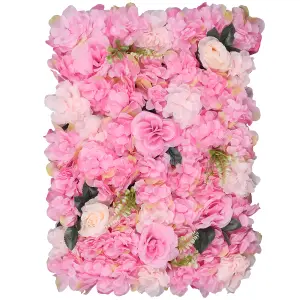 Artificial Flower Wall Backdrop Panel, 60cm x 40cm, Rose Pink with Leaves