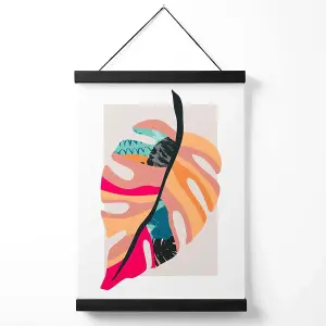 Tropical Monstera Blue and Pink Boho Botanical Medium Poster with Black Hanger