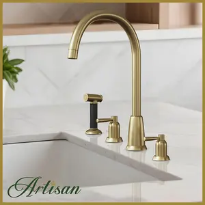 Artisan Kensington 3 Hole Traditional Kitchen Mixer Tap With Hand Spray - Brushed Brass